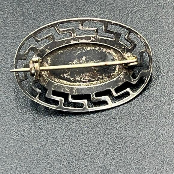 Vintage Sterling Silver Abalone Shell Brooch Pin Antique Greek Key Border - Picture 8 of 10